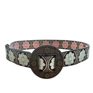 Hadley Pollet Floral Jacquard Reversible Zinnia Belt with Ornate Metal Buckle